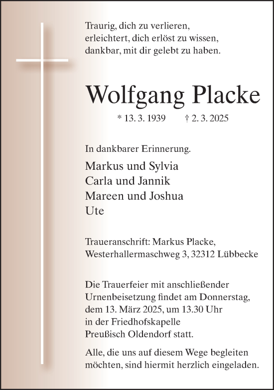 Traueranzeige von Wolfgang Placke von Neue Westfälische und Westfalen-Blatt