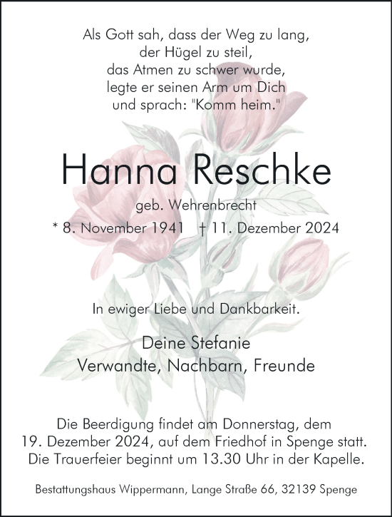 Traueranzeige von Hanna Reschke 