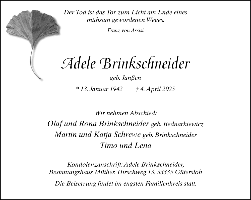  Traueranzeige für Adele Brinkschneider vom 12.04.2025 aus Neue Westfälische und Westfalen-Blatt