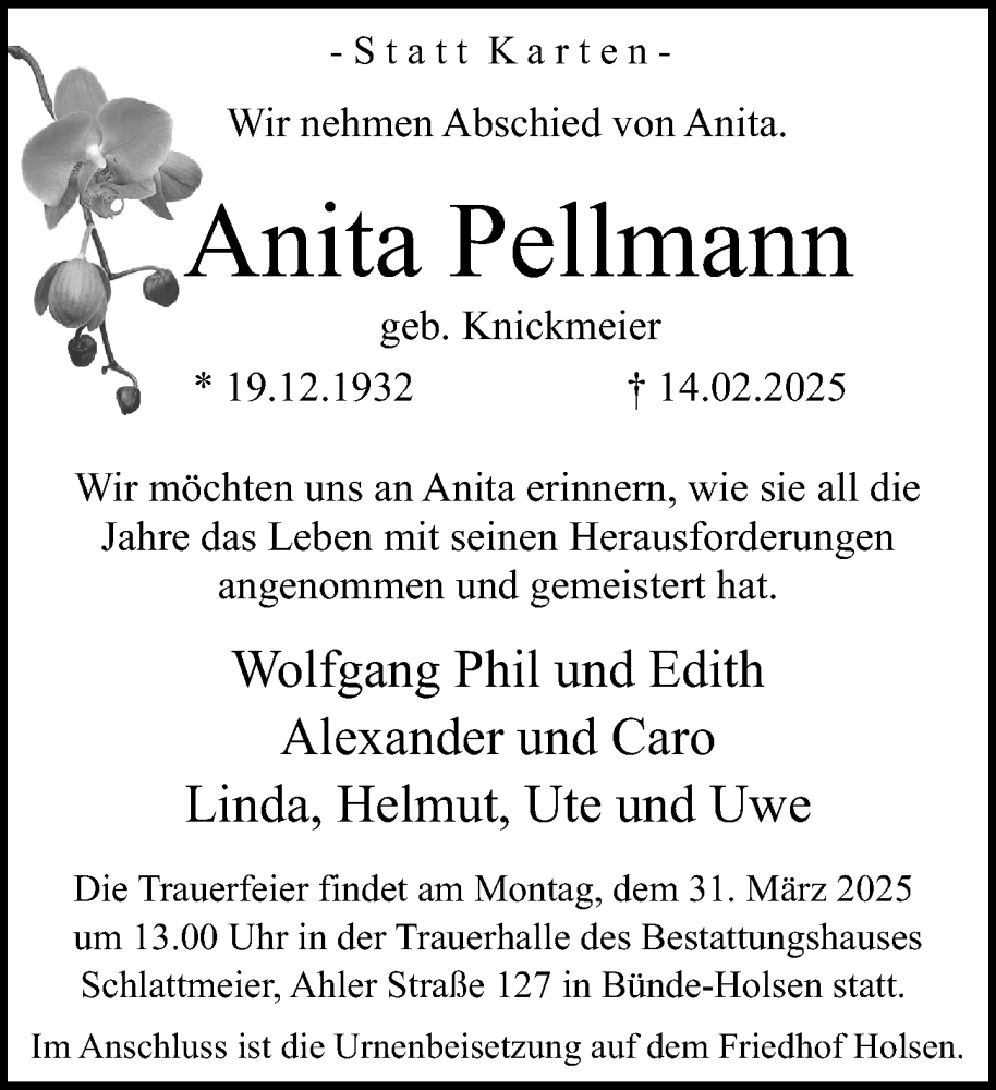  Traueranzeige für Anita Pellmann vom 15.03.2025 aus Neue Westfälische und Westfalen-Blatt