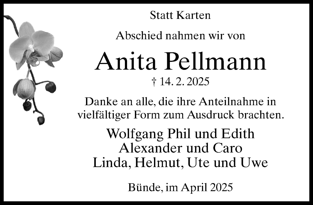  Traueranzeige für Anita Pellmann vom 12.04.2025 aus Neue Westfälische und Westfalen-Blatt