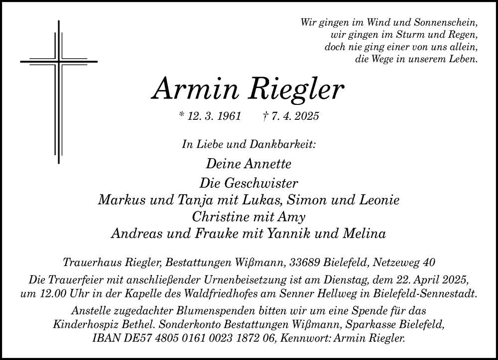  Traueranzeige für Armin Riegler vom 12.04.2025 aus Neue Westfälische und Westfalen-Blatt
