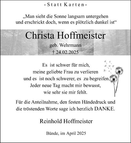 Traueranzeige von Christa Hoffmeister von Neue Westfälische und Westfalen-Blatt