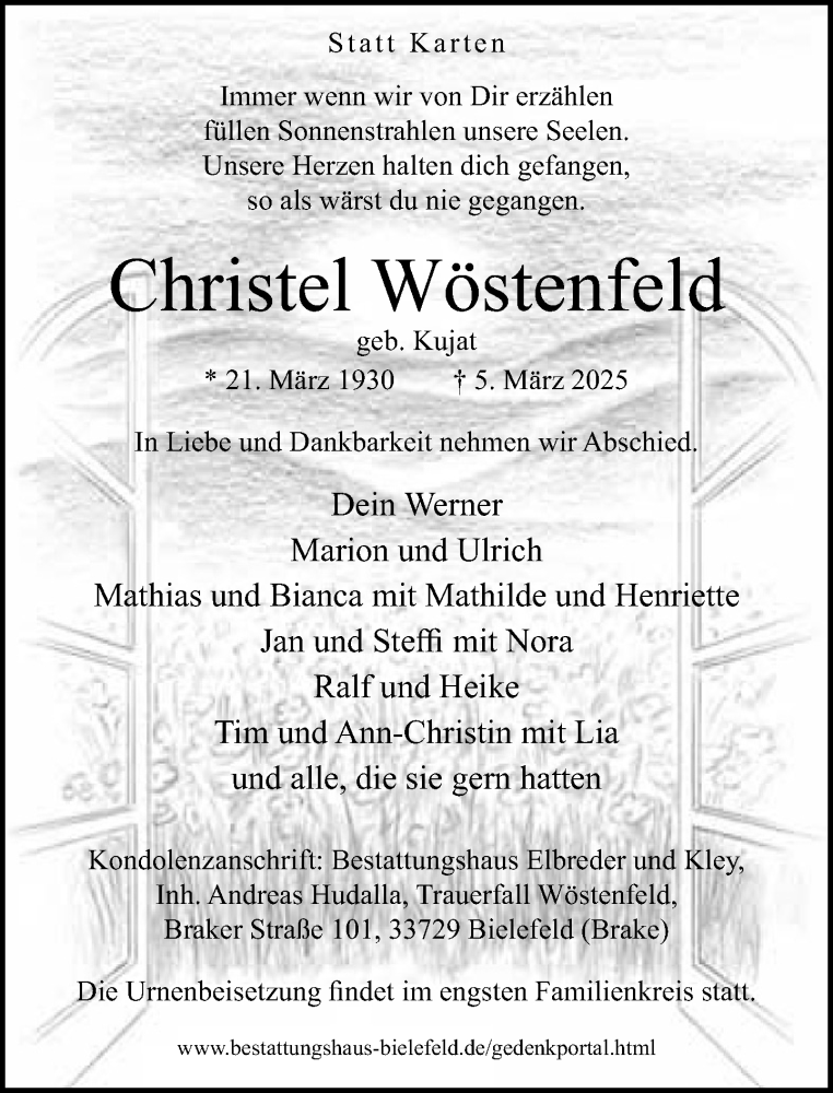  Traueranzeige für Christel Wöstenfeld vom 15.03.2025 aus Neue Westfälische und Westfalen-Blatt
