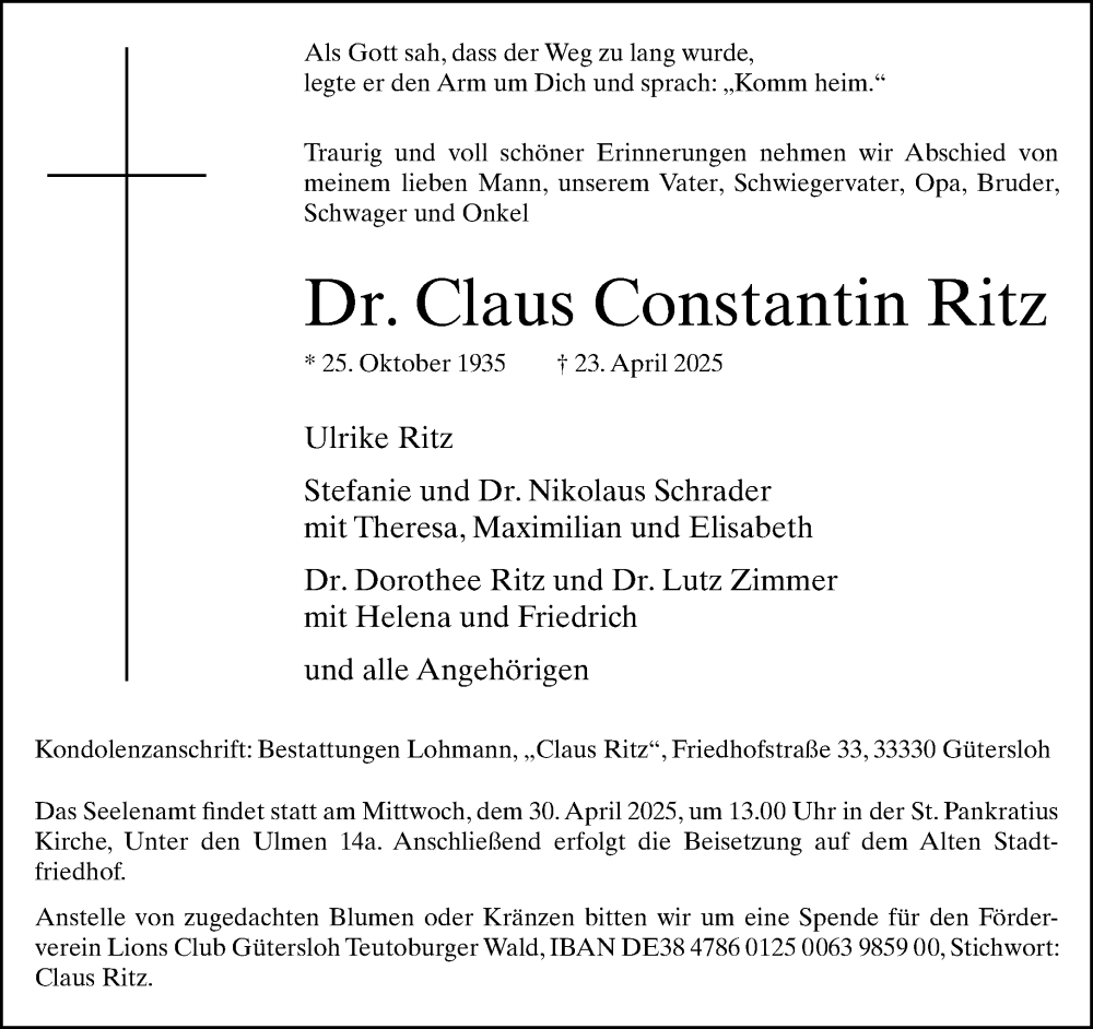  Traueranzeige für Claus Constantin Ritz vom 26.04.2025 aus Neue Westfälische und Westfalen-Blatt