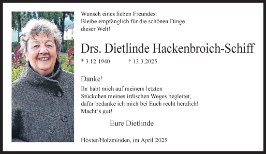 Traueranzeige von Dietlinde Hackenbroich-Schiff von Neue Westfälische und Westfalen-Blatt
