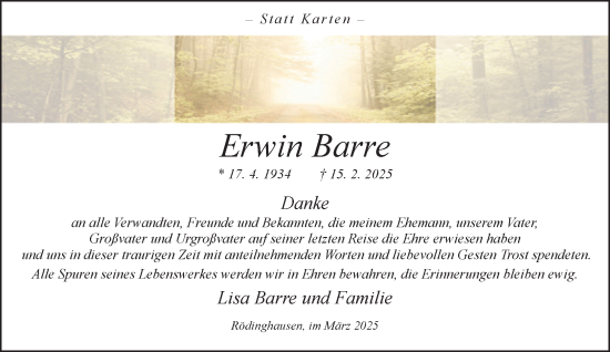 Traueranzeige von Erwin Barre von Neue Westfälische und Westfalen-Blatt
