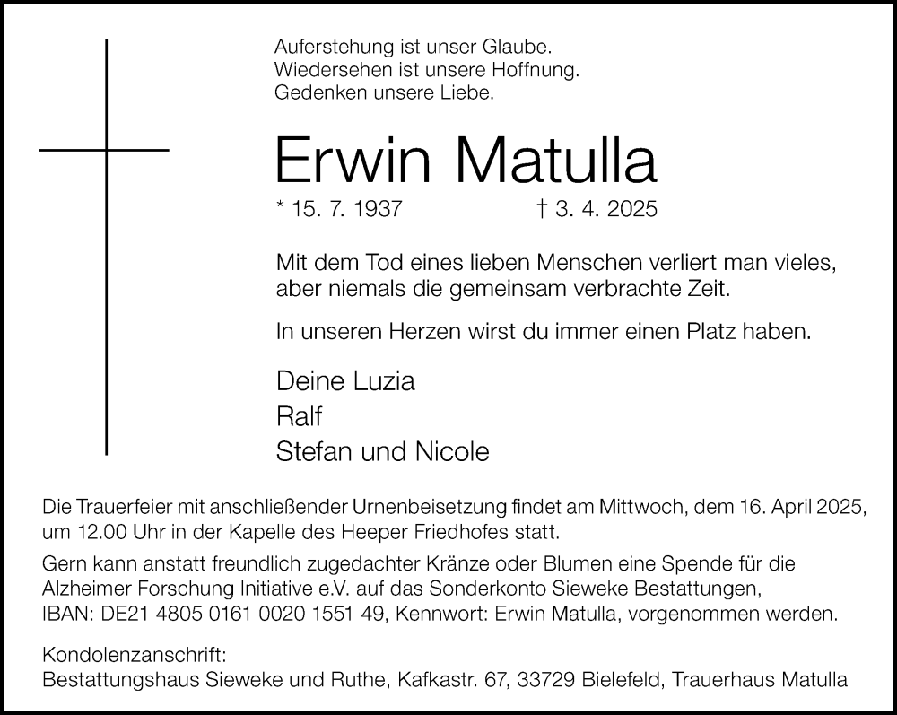  Traueranzeige für Erwin Matulla vom 12.04.2025 aus Neue Westfälische und Westfalen-Blatt