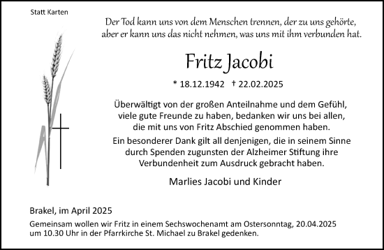 Traueranzeige von Fritz Jacobi von Neue Westfälische und Westfalen-Blatt