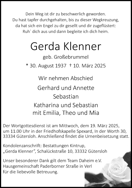 Traueranzeige von Gerda Klenner von Neue Westfälische und Westfalen-Blatt