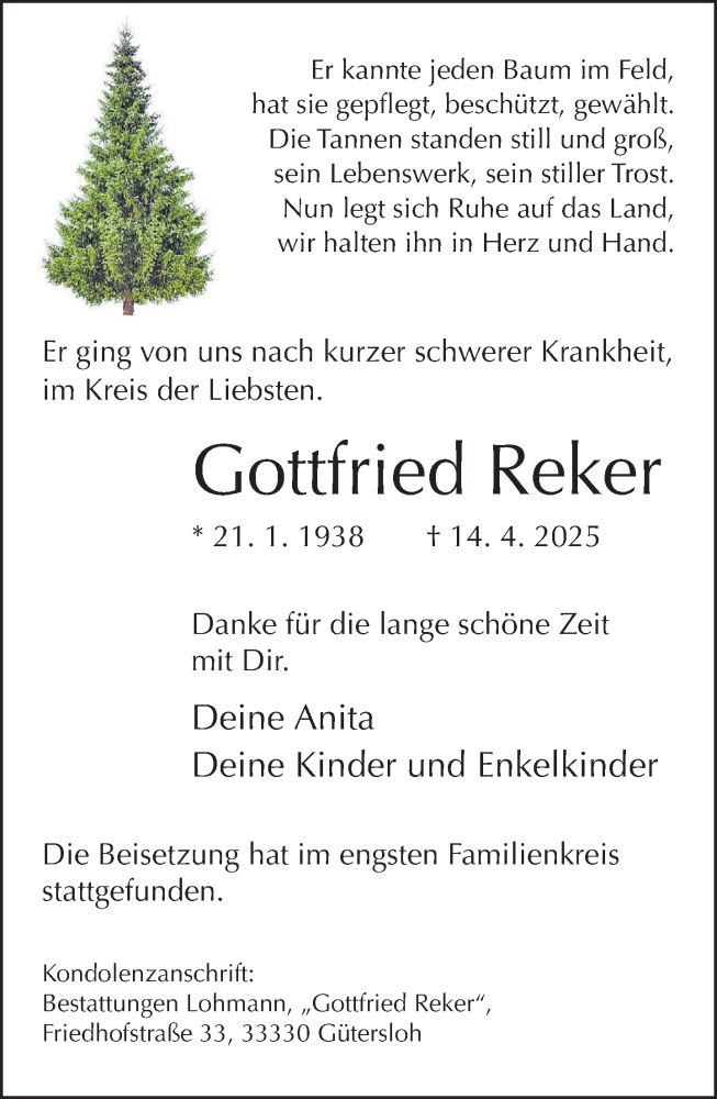  Traueranzeige für Gottfried Reker vom 26.04.2025 aus Neue Westfälische und Westfalen-Blatt