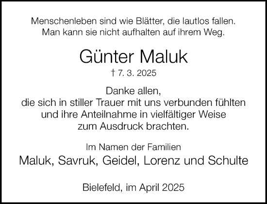 Traueranzeige von Günter Maluk von Neue Westfälische und Westfalen-Blatt