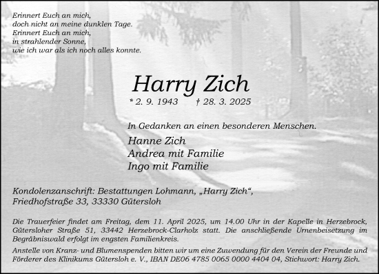 Traueranzeige von Harry Zich von Neue Westfälische und Westfalen-Blatt