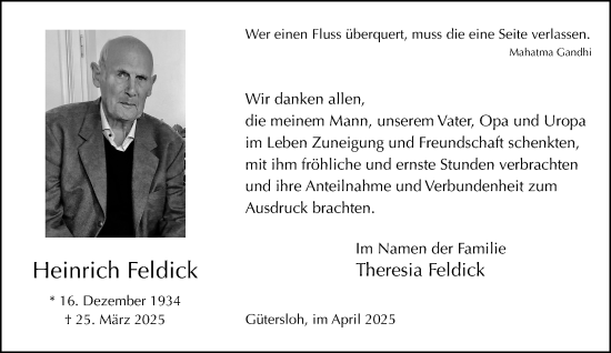 Traueranzeige von Heinrich Feldick von Neue Westfälische und Westfalen-Blatt