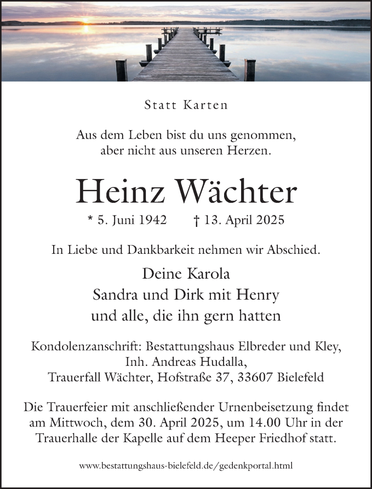  Traueranzeige für Heinz Wächter vom 19.04.2025 aus Neue Westfälische und Westfalen-Blatt