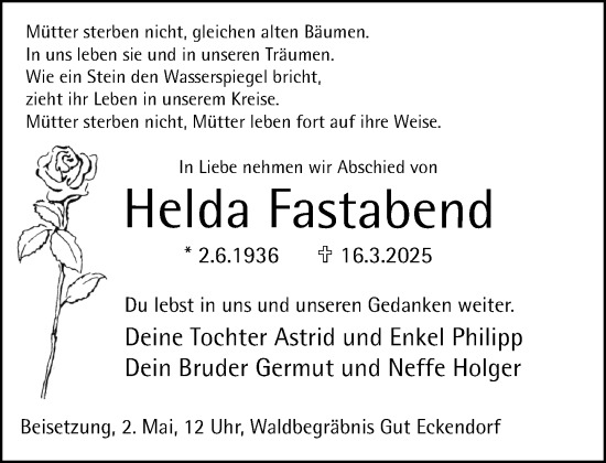 Traueranzeige von Helda Fastabend von Neue Westfälische und Westfalen-Blatt