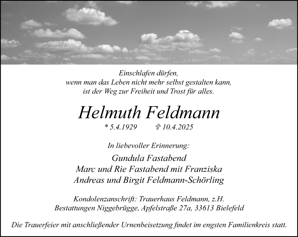  Traueranzeige für Helmuth Feldmann vom 19.04.2025 aus Neue Westfälische und Westfalen-Blatt