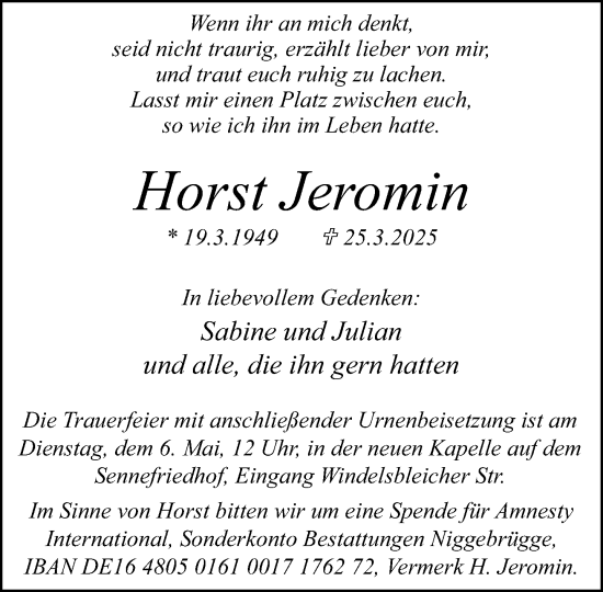 Traueranzeige von Horst Jeromin von Neue Westfälische und Westfalen-Blatt