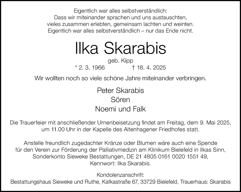  Traueranzeige für Ilka Skarabis vom 26.04.2025 aus Neue Westfälische und Westfalen-Blatt