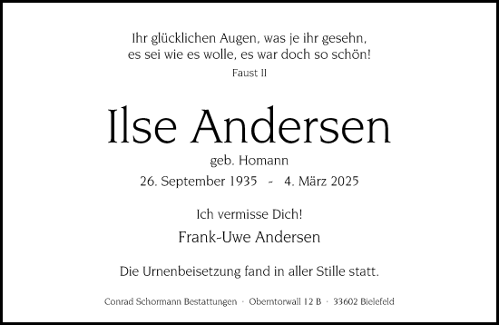 Traueranzeige von Ilse Andersen von Neue Westfälische und Westfalen-Blatt
