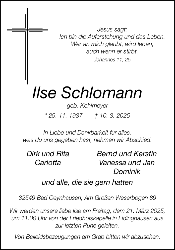  Traueranzeige für Ilse Schlomann vom 15.03.2025 aus Neue Westfälische und Westfalen-Blatt