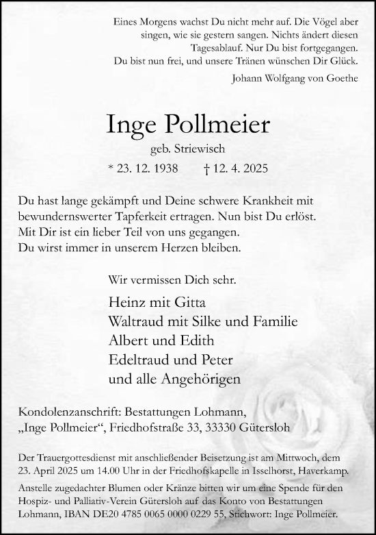 Traueranzeige von Inge Pollmeier von Neue Westfälische und Westfalen-Blatt