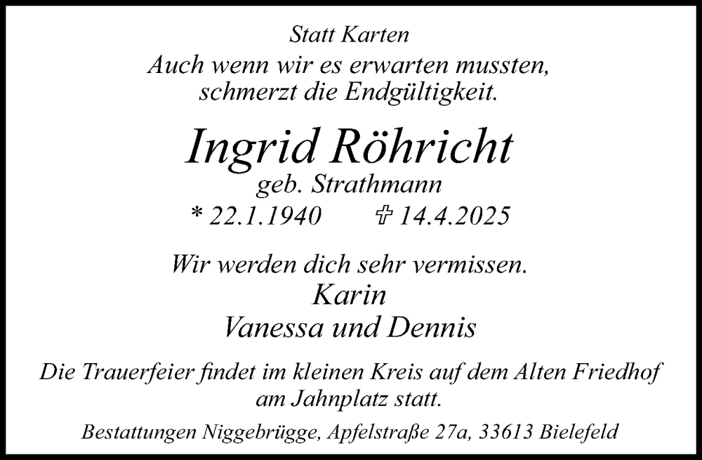 Traueranzeige für Ingrid Röhricht vom 26.04.2025 aus Neue Westfälische und Westfalen-Blatt