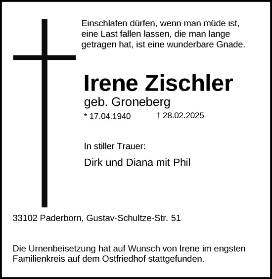 Traueranzeige von Irene Zischler von Neue Westfälische und Westfalen-Blatt