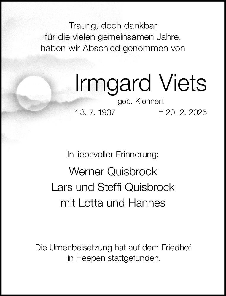  Traueranzeige für Irmgard Viets vom 15.03.2025 aus Neue Westfälische und Westfalen-Blatt