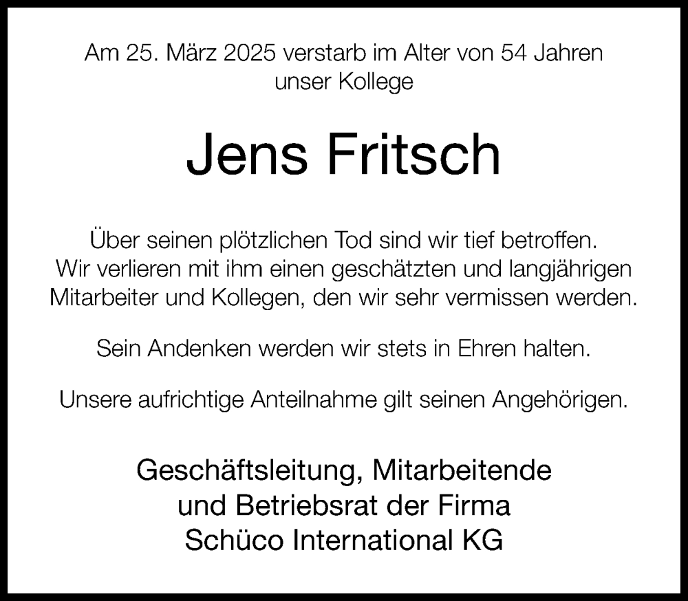  Traueranzeige für Jens Fritsch vom 05.04.2025 aus Neue Westfälische und Westfalen-Blatt