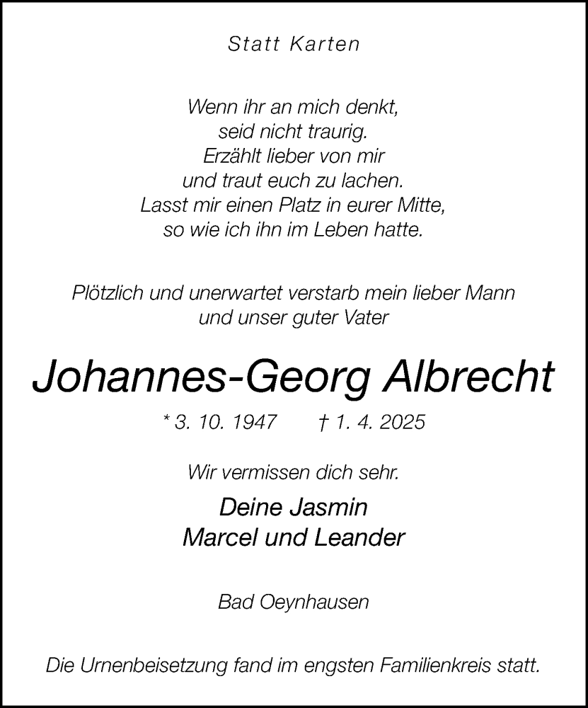  Traueranzeige für Johannes-Georg Albrecht vom 17.04.2025 aus Neue Westfälische und Westfalen-Blatt