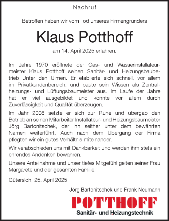 Traueranzeige von Klaus Potthoff von Neue Westfälische und Westfalen-Blatt
