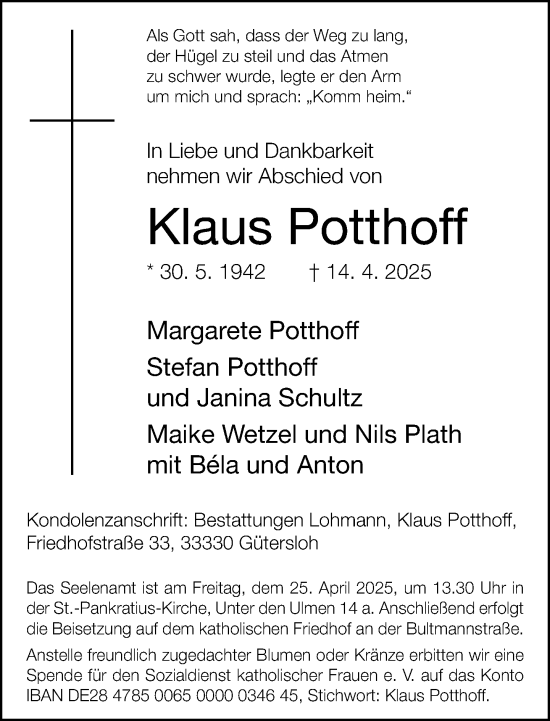 Traueranzeige von Klaus Potthoff von Neue Westfälische und Westfalen-Blatt