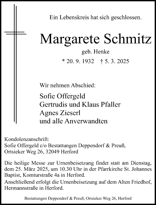 Traueranzeige von Margarete Schmitz von Neue Westfälische und Westfalen-Blatt