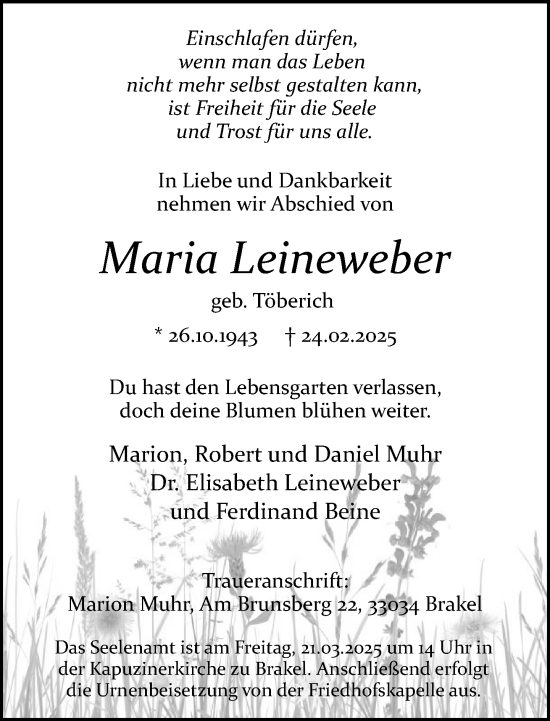 Traueranzeige von Maria Leineweber von Neue Westfälische und Westfalen-Blatt