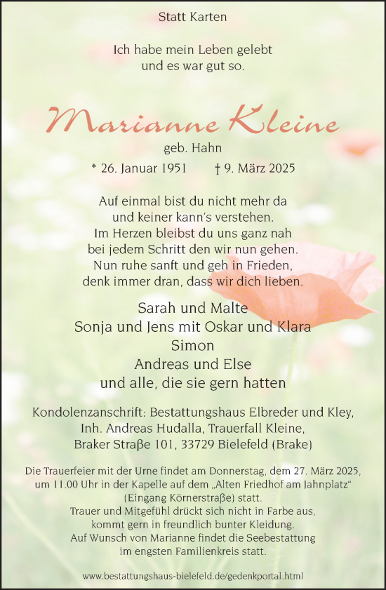 Traueranzeige von Marianne Kleine von Neue Westfälische und Westfalen-Blatt