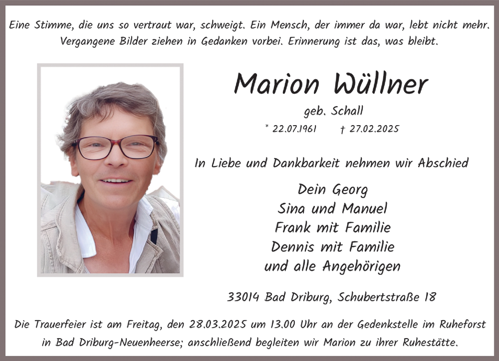  Traueranzeige für Marion Wüllhner vom 15.03.2025 aus Neue Westfälische und Westfalen-Blatt