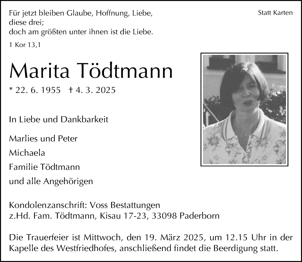  Traueranzeige für Marita Tödtmann vom 15.03.2025 aus Neue Westfälische und Westfalen-Blatt