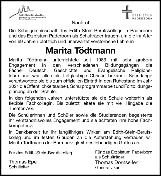 Traueranzeige von Marita Tödtmann von Neue Westfälische und Westfalen-Blatt