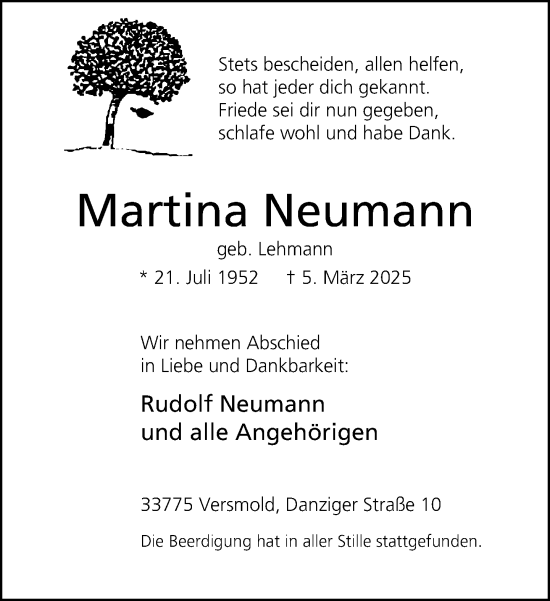 Traueranzeige von Martina Neumann von Neue Westfälische und Westfalen-Blatt