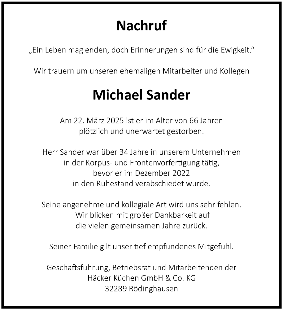 Traueranzeige für Michael Sander vom 02.04.2025 aus Neue Westfälische und Westfalen-Blatt
