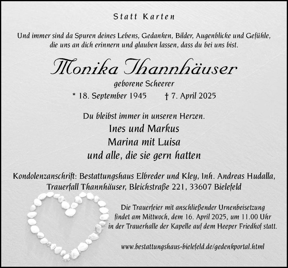  Traueranzeige für Monika Thannhäuser vom 12.04.2025 aus Neue Westfälische und Westfalen-Blatt