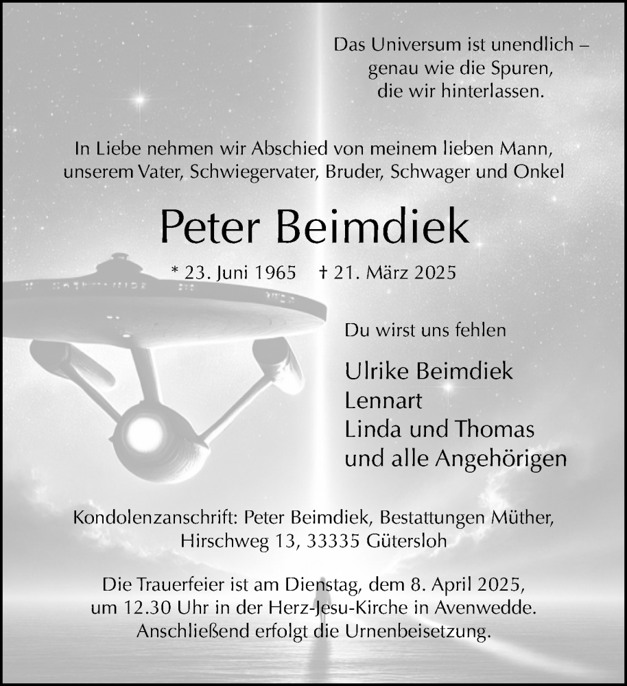  Traueranzeige für Peter Beimdiek vom 02.04.2025 aus Neue Westfälische und Westfalen-Blatt