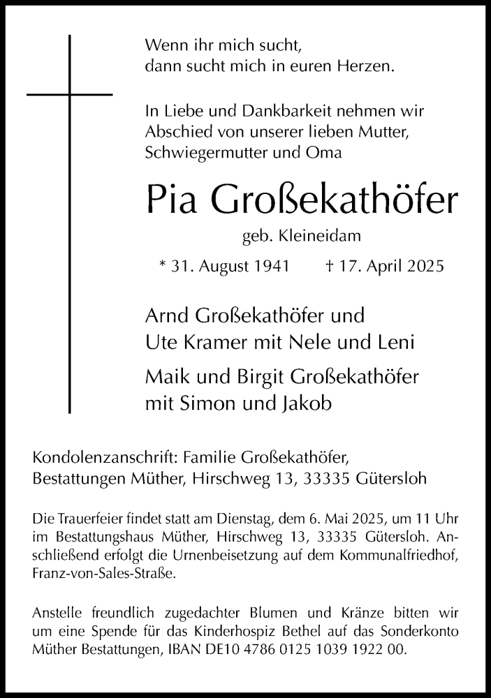  Traueranzeige für Pia Großekathöfer vom 30.04.2025 aus Neue Westfälische und Westfalen-Blatt