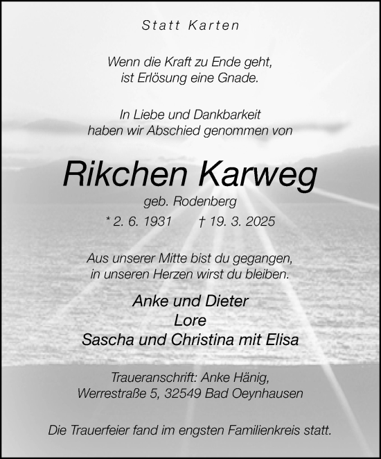 Traueranzeige von Rikchen Karweg von Neue Westfälische und Westfalen-Blatt