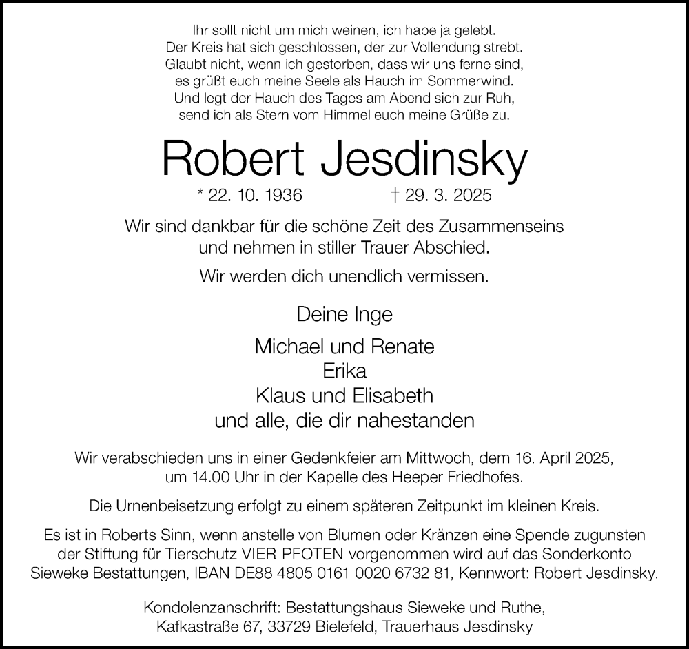  Traueranzeige für Robert Jesdinsky vom 05.04.2025 aus Neue Westfälische und Westfalen-Blatt