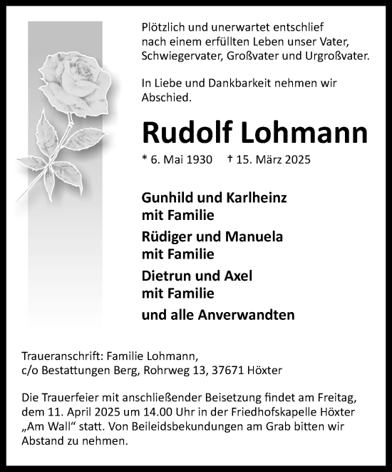Traueranzeige von Rudolf Lohmann von Neue Westfälische und Westfalen-Blatt