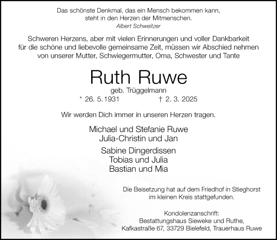 Traueranzeige von Ruth Ruwe von Neue Westfälische und Westfalen-Blatt