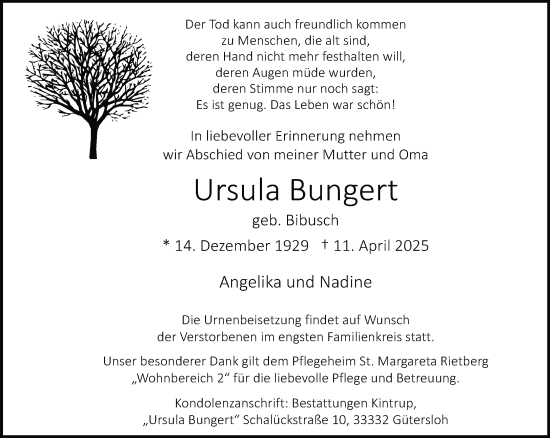 Traueranzeige von Ursula Bungert von Neue Westfälische und Westfalen-Blatt