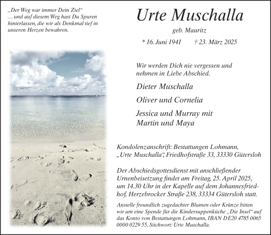 Traueranzeige von Urte Muschalla von Neue Westfälische und Westfalen-Blatt